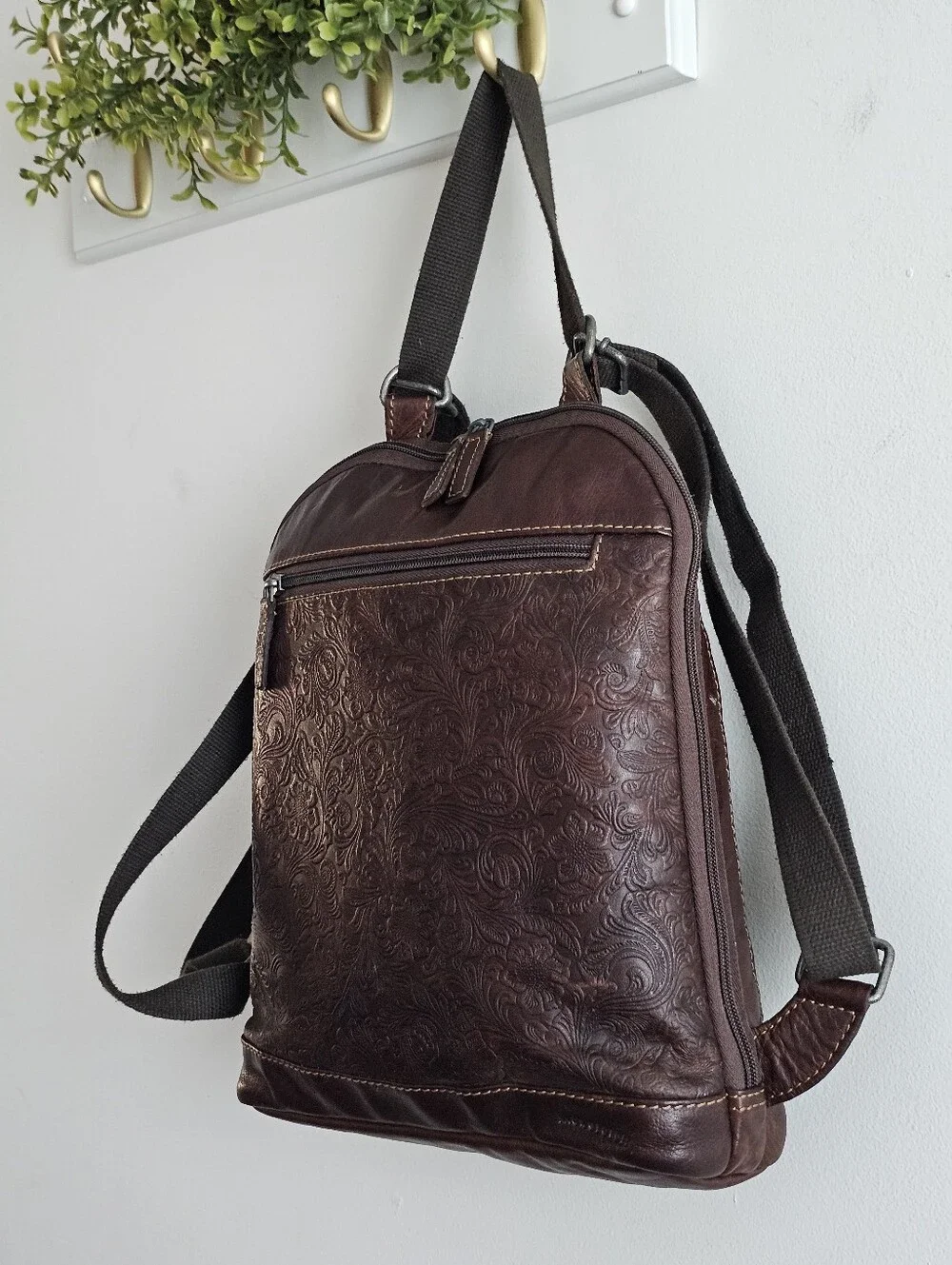 Jack Georges Voyager Convertible Backpack Brown Buffalo Leather Floral Embossed